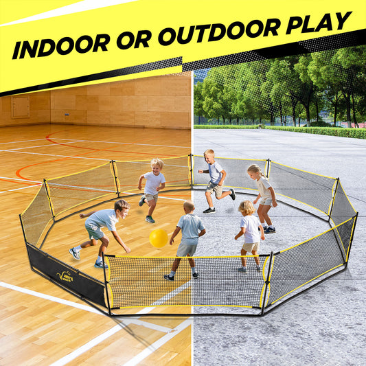 Gaga Ball Pit Portable: 15FT 3in1 Gaga Pit with Basketball Hoop and Soccer Goals