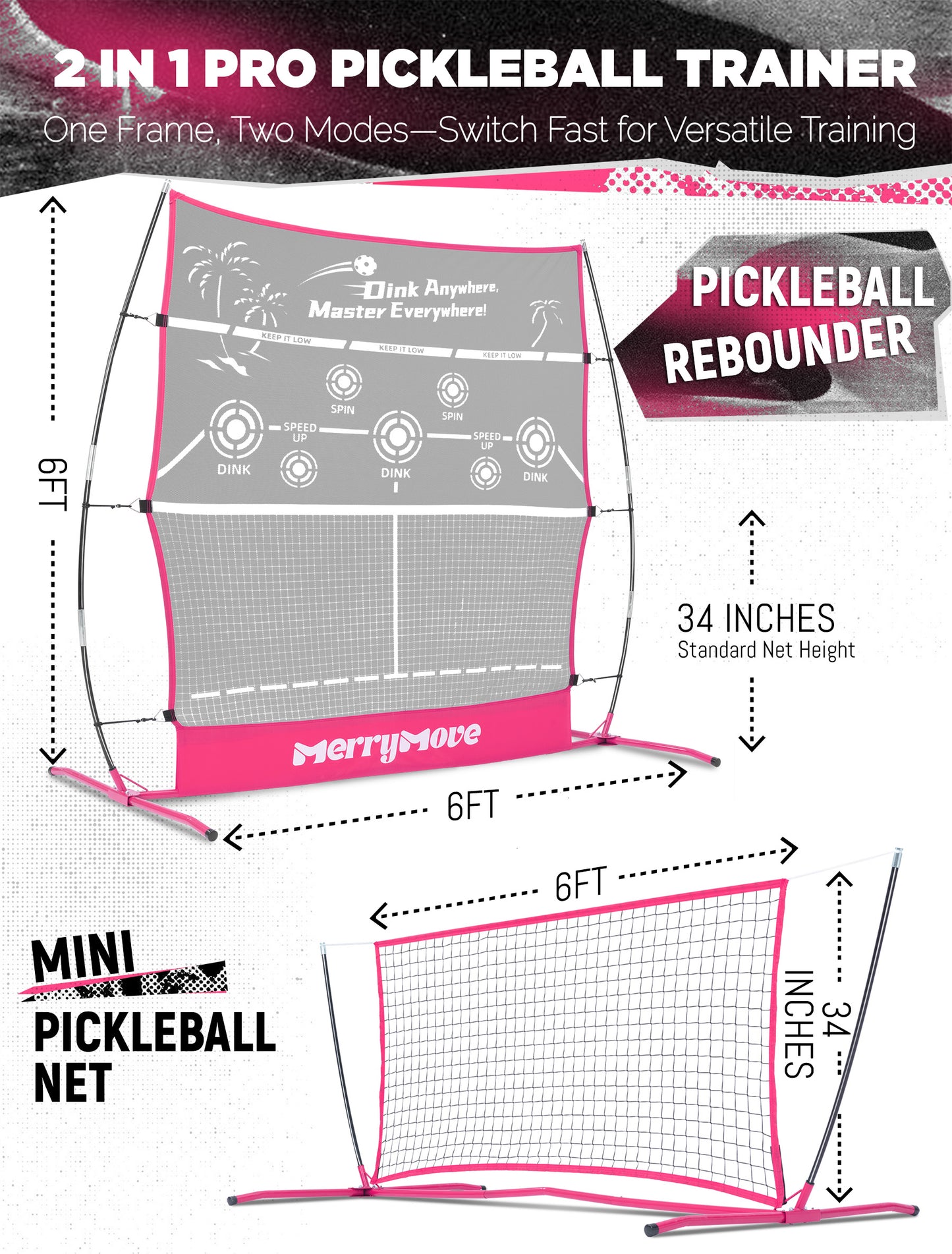 Pickleball Rebound Net for Practice: Pink Pickleball Net Training Aid for Launcher Portable for Outdoor Backyard Driveway - Pickle Ball Gifts for Women Teens Adults