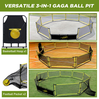 Gaga Ball Pit Portable: 15FT 3in1 Gaga Pit with Basketball Hoop and Soccer Goals - Play System for Kids 4 to 12 Years Old Indoor Outdoor for Backyard School Camp Activities