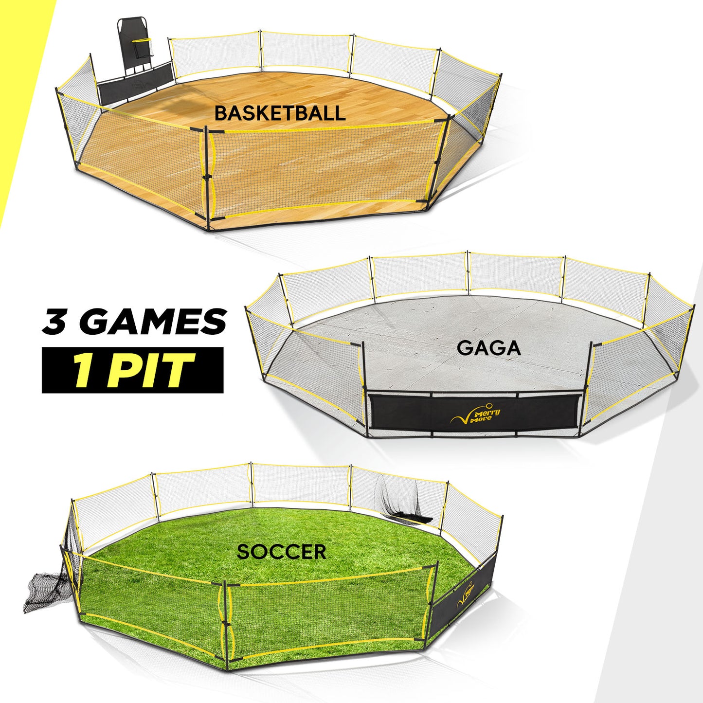 Gaga Ball Pit Portable: 15FT 3in1 Gaga Pit with Basketball Hoop and Soccer Goals