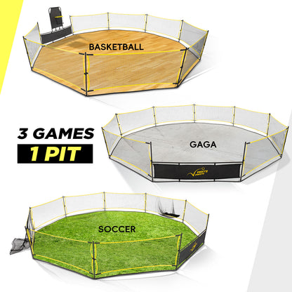 Gaga Ball Pit Portable: 15FT 3in1 Gaga Pit with Basketball Hoop and Soccer Goals