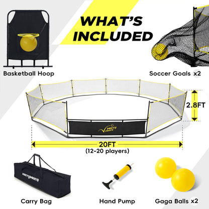 Gaga Ball Pit Portable: 15FT 3in1 Gaga Pit with Basketball Hoop and Soccer Goals