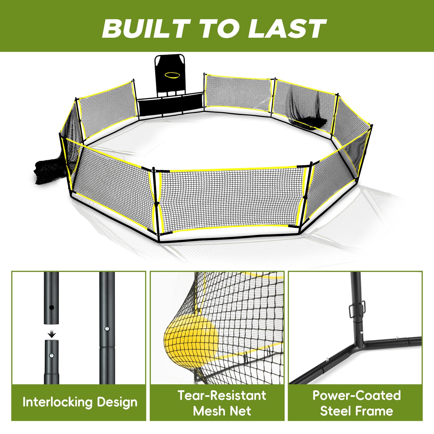 Gaga Ball Pit Portable: 15FT 3in1 Gaga Pit with Basketball Hoop and Soccer Goals - Play System for Kids 4 to 12 Years Old Indoor Outdoor for Backyard School Camp Activities
