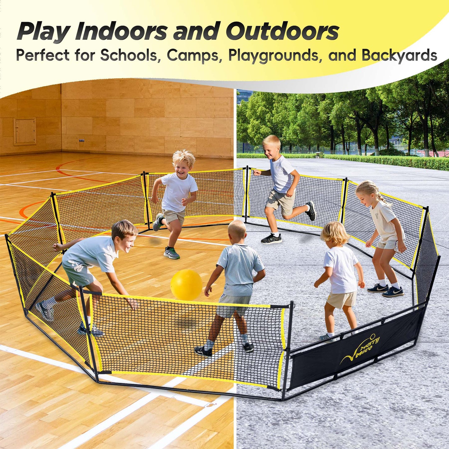 Gaga Ball Pit Portable: 15FT 3in1 Gaga Pit with Basketball Hoop and Soccer Goals - Play System for Kids 4 to 12 Years Old Indoor Outdoor for Backyard School Camp Activities