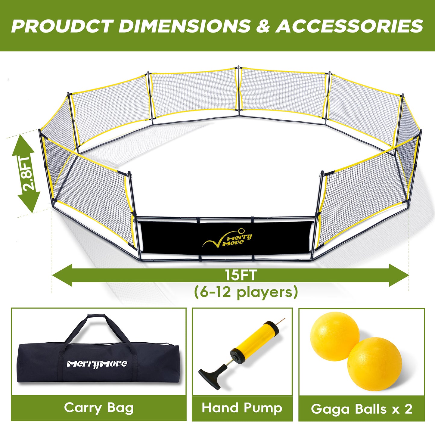 Gaga Ball Pit Portable: 15FT 3in1 Gaga Pit with Basketball Hoop and Soccer Goals - Play System for Kids 4 to 12 Years Old Indoor Outdoor for Backyard School Camp Activities