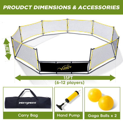 Gaga Ball Pit Portable: 15FT 3in1 Gaga Pit with Basketball Hoop and Soccer Goals - Play System for Kids 4 to 12 Years Old Indoor Outdoor for Backyard School Camp Activities