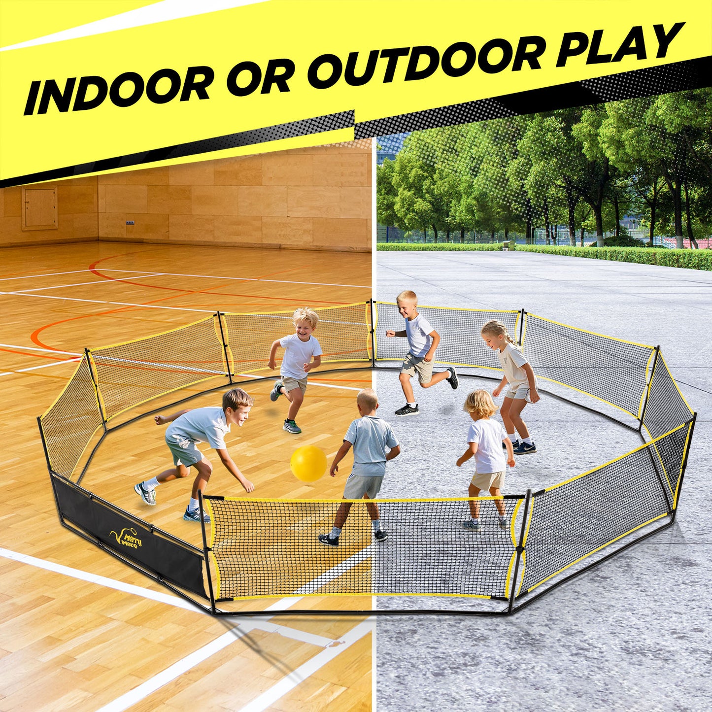 Gaga Ball Pit Portable: 15FT 3in1 Gaga Pit with Basketball Hoop and Soccer Goals